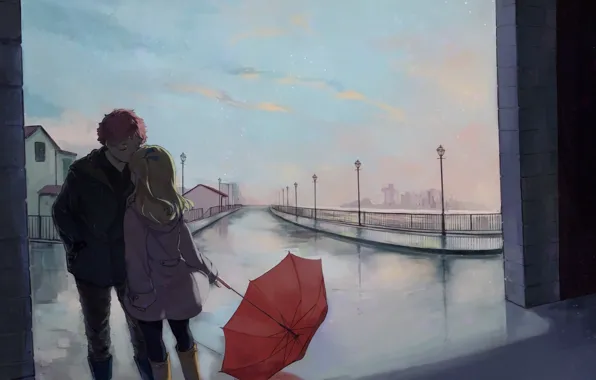 Picture street, romance, umbrella, art, pair, a couple