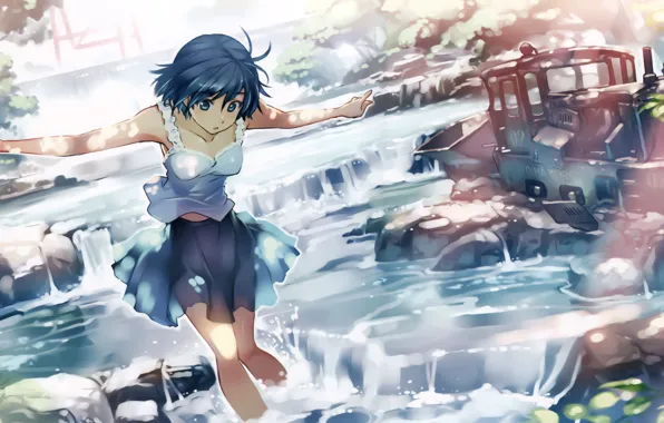 Picture water, girl, rays, trees, nature, train, anime, art