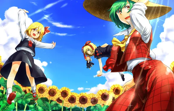 The sky, the sun, clouds, sunflowers, girls, hat, art, touhou