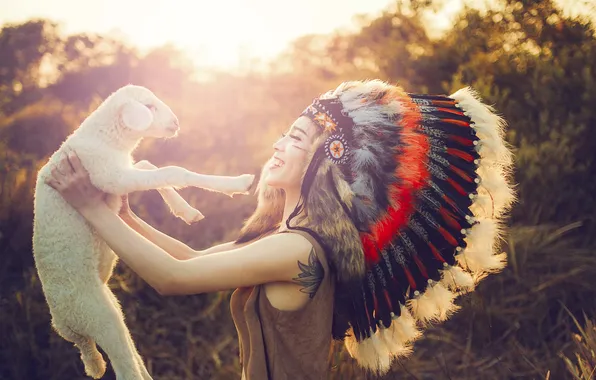 Picture summer, girl, joy, face, smile, feathers, sheep, headdress
