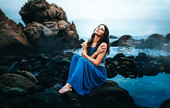 Picture water, girl, stones, Feeling lonely