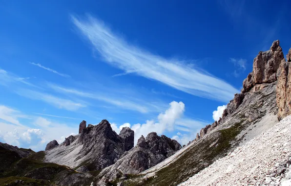 The sky, mountains, rocks, slope