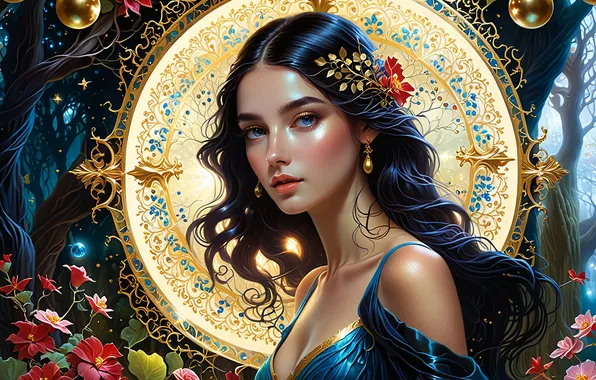 Girl, flowers, round