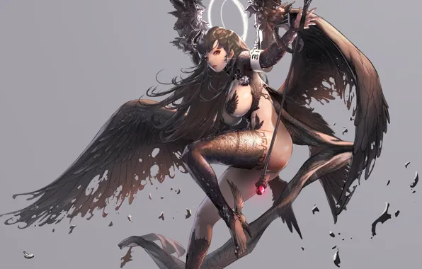 Girl, wings, angel, grey background