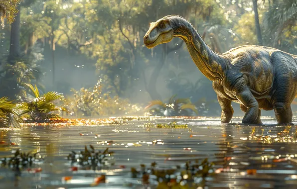 Water, Trees, River, Dinosaur, Neck, Animal, Digital art, Ancient animals