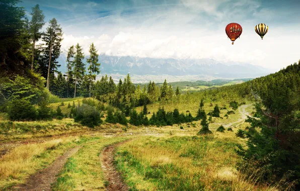 Road, forest, mountains, balloons