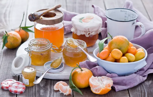Picture jars, still life, citrus, jam, tangerines, the kumquats