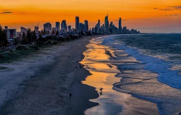 Sand, sea, wave, beach, the sky, sunset, the city, people