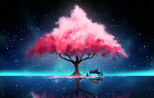 Wallpaper Reflection, Tree, Night, Music, Stars, Fantasy, Art, Concept Art  for mobile and desktop, section арт, resolution 1920x1280 - download