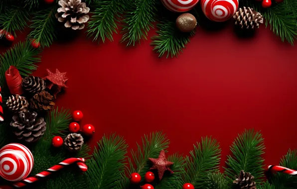 Balls, branches, Christmas, red, New year, needles, bumps, red background
