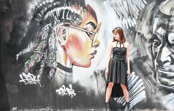 The sun, pose, wall, graffiti, model, portrait, makeup, figure