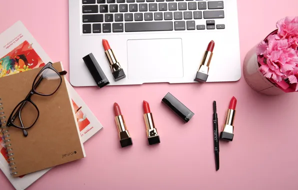 Lipstick, glasses, Notepad, laptop