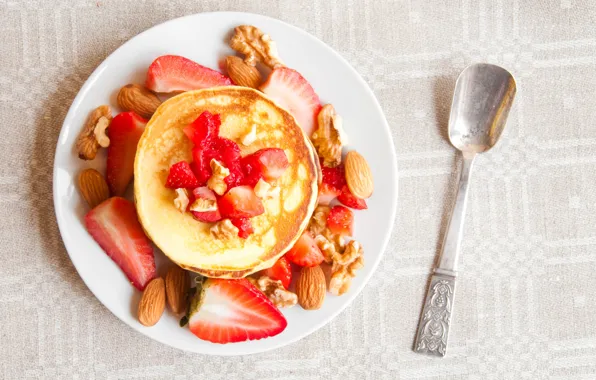 Picture strawberry, nuts, pancakes, pancakes