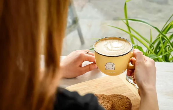 Girl, stay, coffee, hands, cookies, good mood, long hair, latte