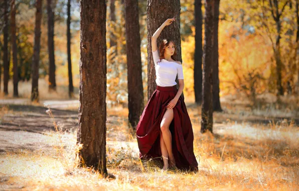 Skirt, legs, Kazakhstan, Murat Kojahmetov, Portrait of a beautiful young girl in the forest