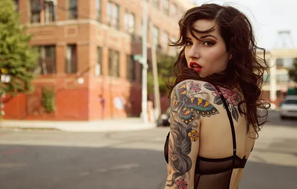 Girl, the city, street, tattoo, beautiful