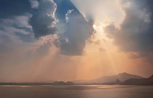 Sea, rays, sunset, mountains