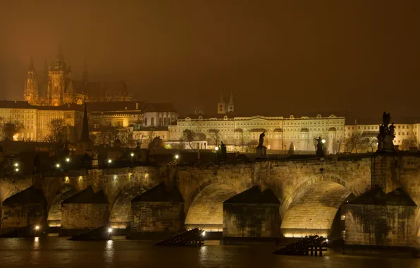 Night, lights, river, castle, Prague, Czech Republic, hill, Charles bridge