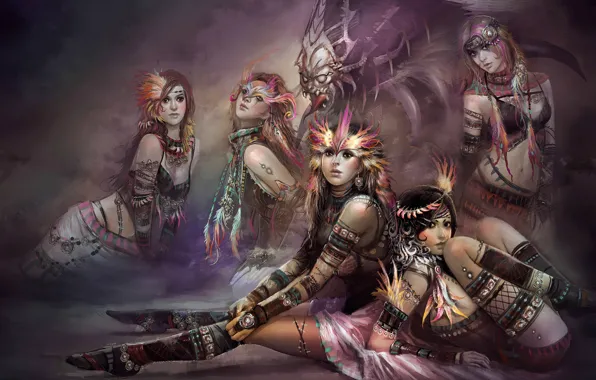 Decoration, girls, feathers, mask, monster, tribe, harem
