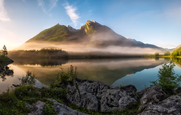 Mountains, fog, lake, morning, Germany, Bayern, Berchtesgaden Alps