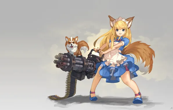 Weapons, dog, anime, art, girl, ears, hinew KIM, Gatling Dog!