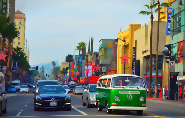 People, street, building, cars, Hollywood Boulevard