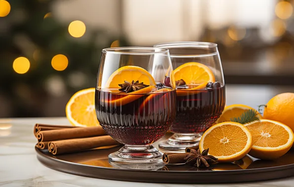 Lights, table, oranges, glasses, Christmas, New year, drink, cinnamon