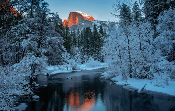 Snow, river, mountain, Landscape, Yosemite National Park