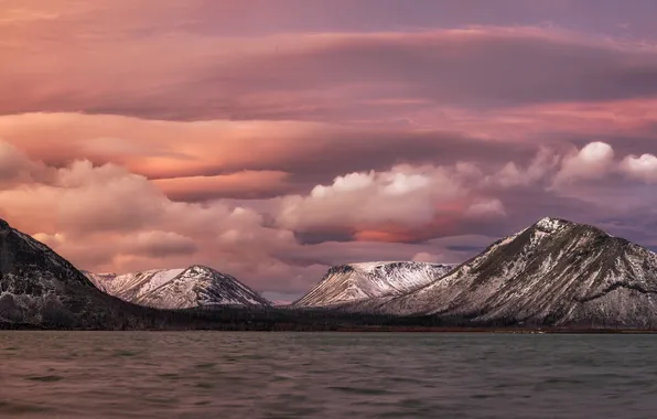 Picture clouds, mountains, lake, space, the crimson sky, Mikhail Kharitonychev