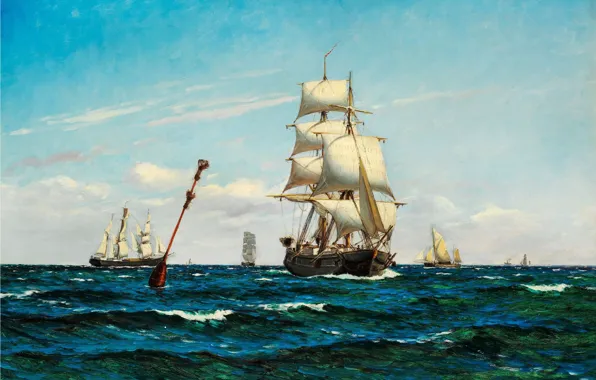 Picture sea, wave, ship, sails, carl locher