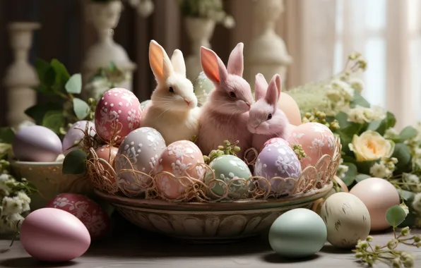 Holiday, eggs, Easter, rabbits, painted, composition, AI art, neural network