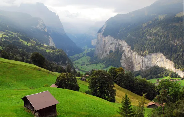 Trees, mountains, rocks, Switzerland, valley, slope, village, panorama