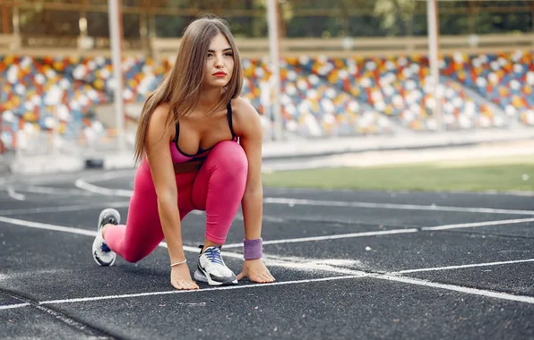 Picture girl, stadium, sports, pink uniform