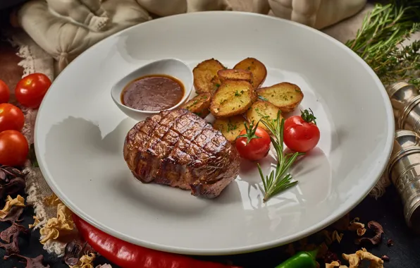 Meat, vegetables, tomato, sauce, steak
