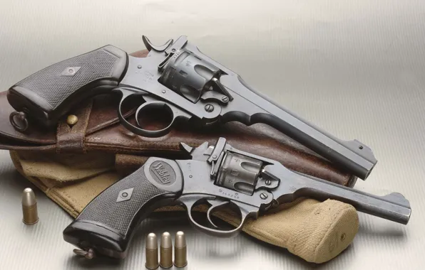 Picture cartridges, revolver, holster, 2 pieces, Revolver, Webley &ampamp; Scott Mark IV