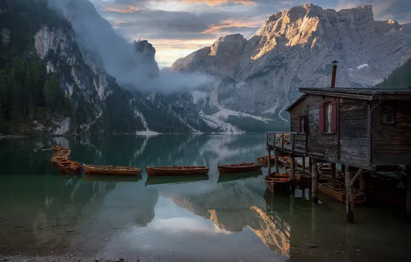 Light, mountains, lake, reflection, rocks, shore, boats, Alps