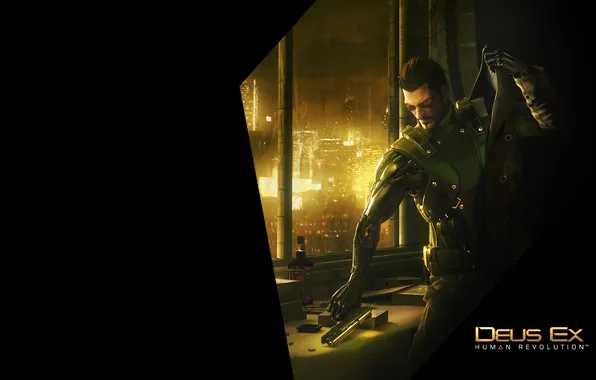Picture the city, lights, gun, bullets, Adam, Deus Ex : Human Revolution