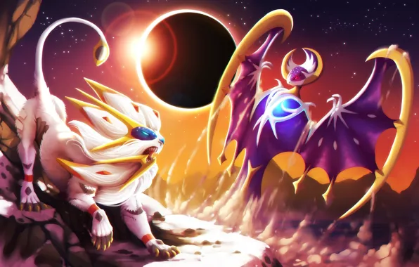 Download wallpaper moon, game, wings, lion, dust, fight, Pokemon ...