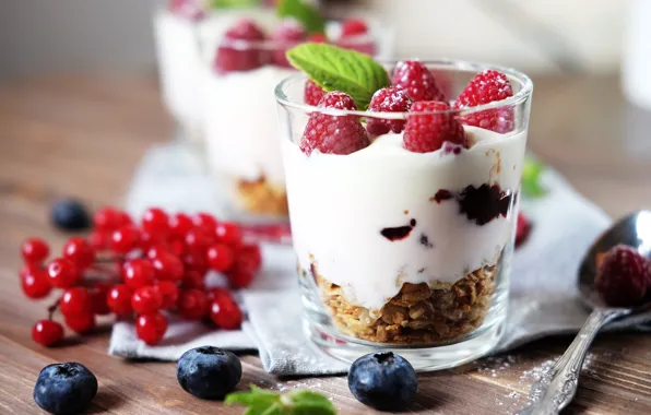 Berries, raspberry, mint, blueberries, yogurt, granola