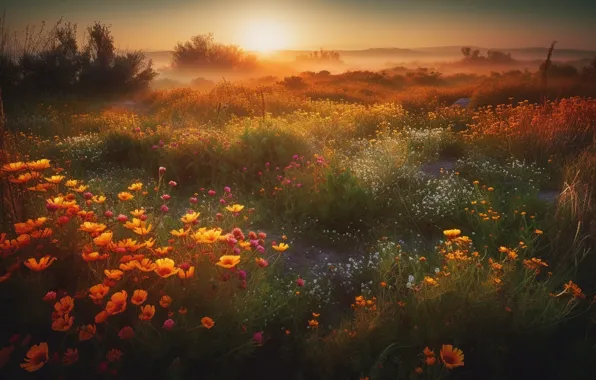 Field, summer, the sun, rays, light, landscape, sunset, nature