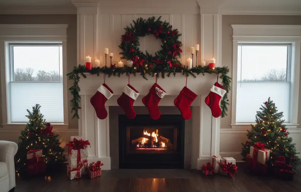 Winter, branches, comfort, house, wall, fire, flame, Windows