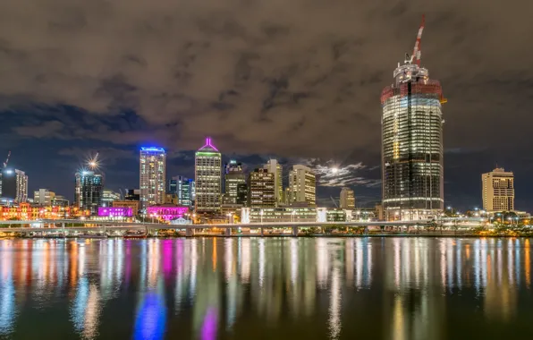 Night, lights, river, skyscrapers, Australia, megapolis, Brisbane