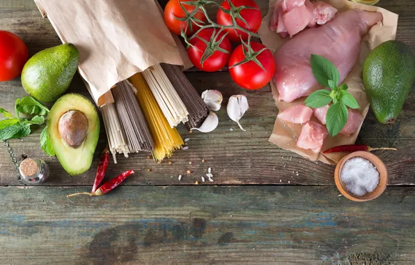 Meat, pepper, tomatoes, garlic, avocado, salt, pasta