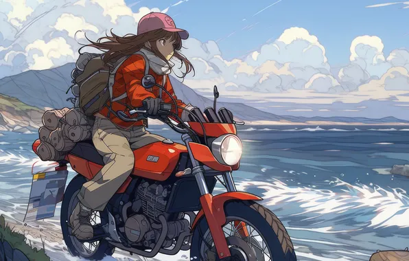 Picture Sea, Girl, Mountains, Motorcycle, Anime, Digital art, AI art, The Art of Artificial Intelligence