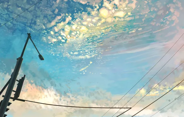 The sky, traffic light, power lines, lamppost