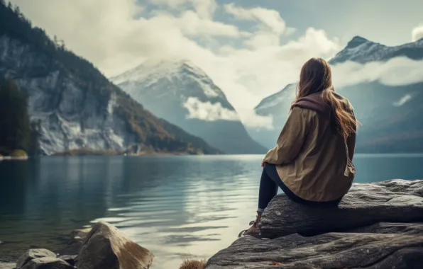Autumn, girl, mountains, shore, jacket, pond, sitting back, AI art