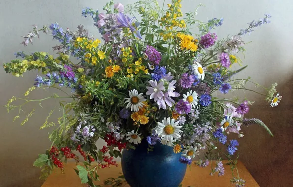 Wallpaper red, yellow, flowers, lilac, leaves, berries, floral arrangement, cornflowers