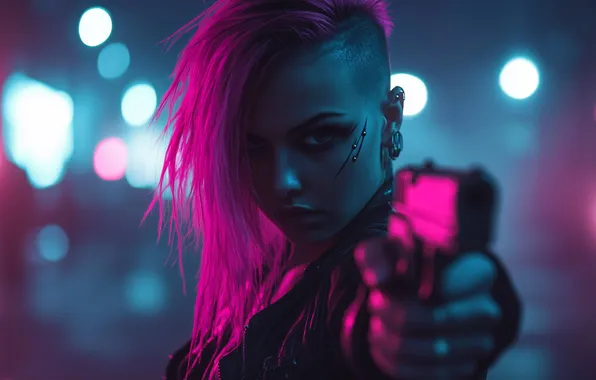 Lights, gun, weapons, hairstyle, cyberpunk, bokeh, digital art, pink hair