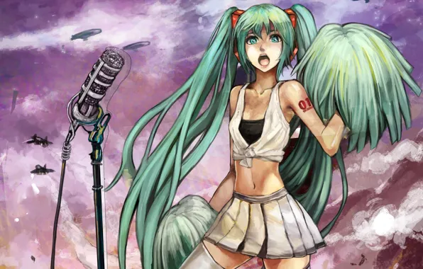 Girl, aviation, POM-poms, microphone, vocaloid, hatsune miku, Vocaloid, art