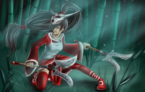 Picture forest, girl, weapons, bamboo, mask, art, Akali, League of Legends